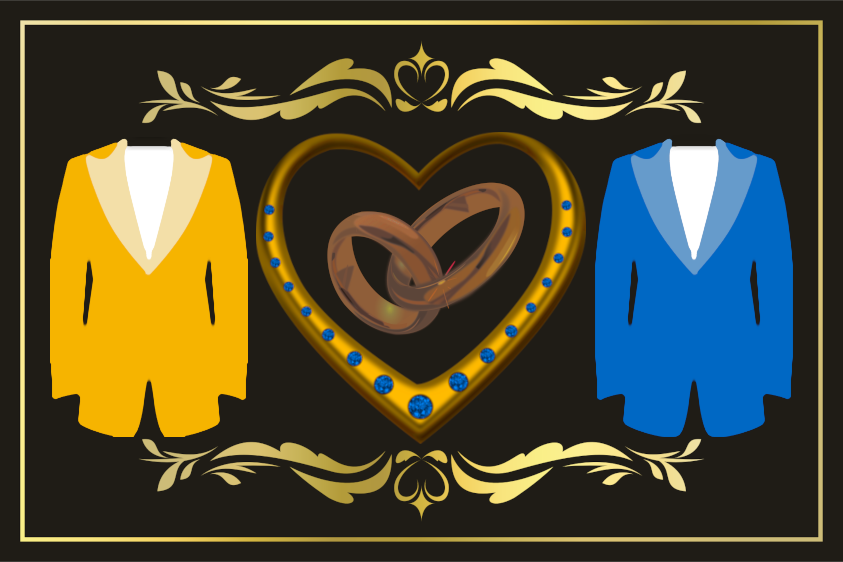 a card with wedding rings, a heart, and tuxedos in yellow and blue
