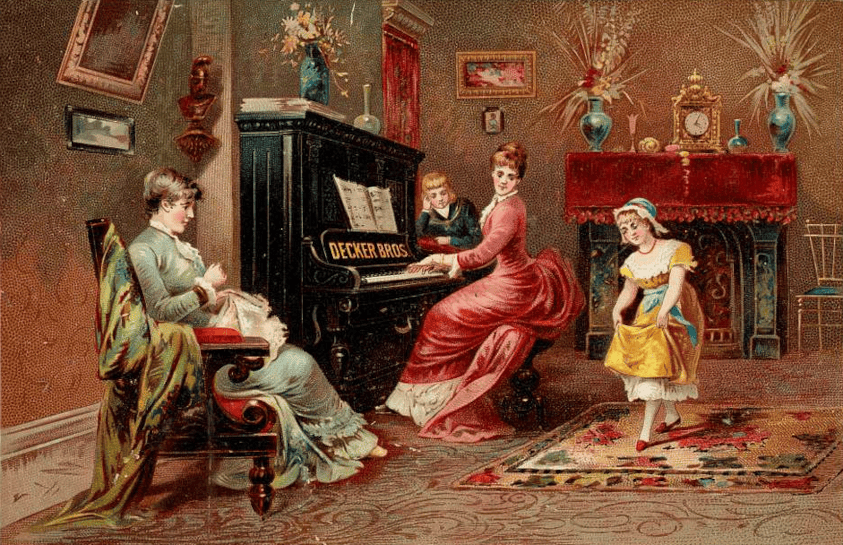 art depicting someone playing piano while others watch and dance