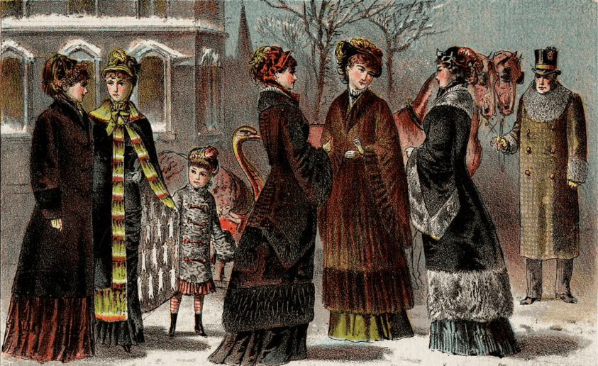 art depicting a group of people outside in the snow