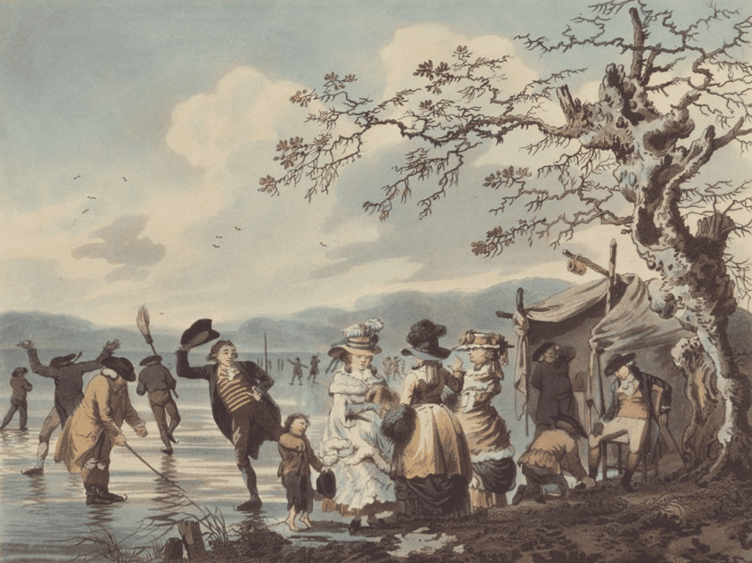 art depicting people gathered on an iced-over pond