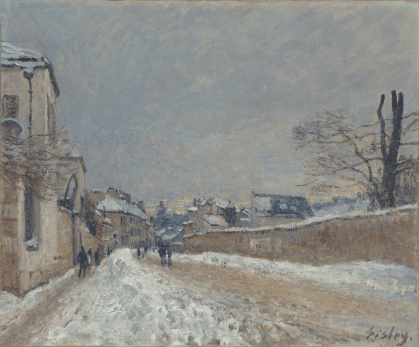 a painting of a snowy village street