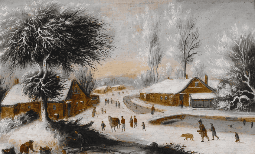a painting of a snowy village street