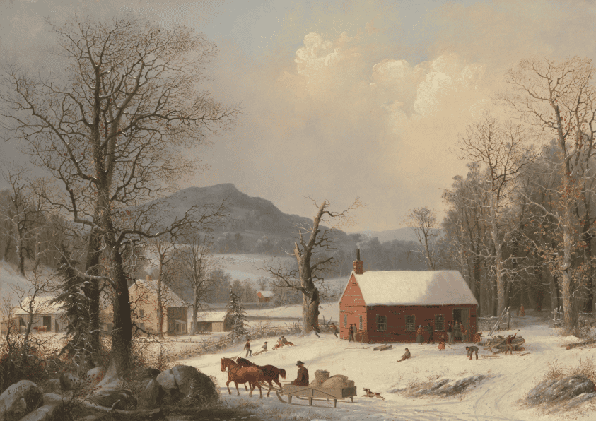 a painting of a snowy landscape featuring a large red house